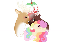 Size: 1280x854 | Tagged: safe, artist:itstechtock, oc, oc only, oc:holly jolly jubilee, oc:sugary sweet, oc:sweater weather, deer, pony, reindeer, holly, holly mistaken for mistletoe, parent:diamond tiara, simple background, white background