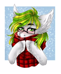 Size: 1789x2160 | Tagged: safe, artist:gstas, oc, oc only, oc:white night, earth pony, pony, clothes, ear fluff, glasses, looking at you, rule 63, scarf, snow, snowfall, solo, striped scarf, unshorn fetlocks