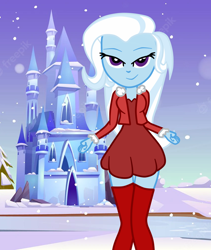 Size: 844x1000 | Tagged: safe, artist:3d4d, artist:gmaplay, trixie, human, equestria girls, g4, castle, christmas, clothes, costume, female, holiday, santa costume, snow, snowfall, socks, solo, thigh highs