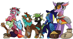 Size: 2000x1080 | Tagged: safe, artist:metaruscarlet, oc, oc only, oc:cocoa berry, oc:halcyon halfnote, oc:larynx (changeling), oc:lobelya, oc:wild goosechase, unnamed oc, changedling, changeling, dragon, earth pony, kirin, pegasus, pony, unicorn, 2023 community collab, derpibooru community collaboration, acoustic guitar, armor, bag, bandage, bandana, belt, boots, changedling oc, changeling oc, clothes, coin, dragon oc, dungeons and dragons, fantasy class, female, freckles, grin, group, guitar, hair over one eye, hat, helmet, hoof shoes, kirin oc, looking at each other, looking at someone, lute, male, mare, mask, money bag, multicolored hair, musical instrument, non-pony oc, nonbinary, one eye closed, pants, pen and paper rpg, raised hoof, robe, rpg, shield, shirt, shoes, simple background, sitting, smiling, stallion, transparent background, treasure chest, vest, wall of tags, wink, witch hat