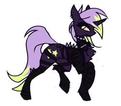 Size: 441x387 | Tagged: source needed, safe, artist:fenixdust, oc, oc only, oc:lucky stars, pony, unicorn, choker, concave belly, looking at you, raised hoof, simple background, slender, solo, thin, walking, white background