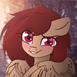 Size: 480x480 | Tagged: safe, artist:hiverro, oc, oc only, oc:hiverro, pegasus, pony, autumn, blushing, forest, looking at you, pegasus oc, smiling, solo, starry eyes, wingding eyes, wings
