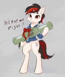 Size: 1076x1280 | Tagged: safe, artist:foxpit, oc, oc only, oc:blackjack, pony, unicorn, fallout equestria, fallout equestria: project horizons, bipedal, clothes, female, gun, horn, mare, present, rocket launcher, simple background, small horn, solo, weapon