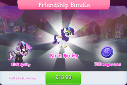 Size: 1270x854 | Tagged: safe, gameloft, rarity, kirin, nirik, g4, my little pony: magic princess, bundle, cloven hooves, costs real money, duality, english, fangs, female, fire, friendship bundle, horn, kirin rarity, kirin-ified, magic coins, mane of fire, mobile game, numbers, sale, species swap, text