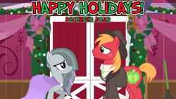 Size: 2064x1161 | Tagged: safe, artist:cartoonlover826, artist:not-yet-a-brony, artist:sonofaskywalker, big macintosh, marble pie, earth pony, pony, g4, 2022, applejack's barn, bittersweet, christmas, december, duo, female, friends, friendship, happy holidays, hearth's warming, heartwarming, holiday, honorary cousin, i wish you love, implied sugarmac, just friends, looking at each other, looking at someone, lyrics in the description, male, mare, party, platonic, ship sinking, smiling, smiling at each other, song reference, stallion, youtube link in the description