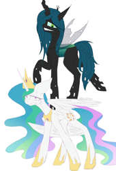 Size: 1700x2500 | Tagged: source needed, safe, artist:anastas, princess celestia, queen chrysalis, alicorn, changeling, changeling queen, pony, g4, angry, cross-popping veins, crown, duo, ears back, emanata, female, flowing mane, jewelry, regalia, simple background, smiling, standing, standing on two hooves, sternocleidomastoid, white background