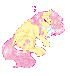 Size: 2161x2353 | Tagged: safe, artist:delfinaluther, fluttershy, butterfly, pegasus, pony, g4, ear fluff, female, high res, lying down, pillow, pink hair, simple background, sleeping, sleepy, smiling, solo, white background, wings