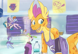 Size: 1033x725 | Tagged: safe, artist:skunkstripe, indigo zap, lemon zest, lighthoof, november rain, shimmy shake, silverstream, smolder, dragon, pony, g4, basketball, cheerleader, clothes, dragoness, equestria girls ponified, female, friendship student, gym, jersey, looking at you, ponified, school of friendship, smiling, smiling at you, sports, sports outfit, sweat