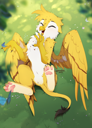 Size: 2500x3450 | Tagged: safe, artist:spoosha, oc, oc only, oc:beaky, butterfly, griffon, fanfic:yellow feathers, cute, grass, grass field, griffon oc, high res, ocbetes, paw pads, paws, playful, playing, solo