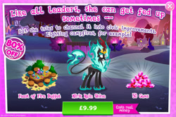 Size: 1956x1297 | Tagged: safe, gameloft, rain shine, kirin, nirik, g4, my little pony: magic princess, advertisement, bucket, bush, cloven hooves, costs real money, crown, english, fangs, female, fire, gem, horn, jewelry, mane of fire, mobile game, numbers, plate, regalia, sale, solo, table, text