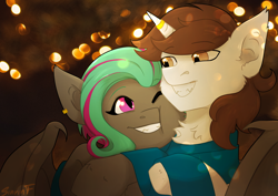 Size: 3508x2480 | Tagged: safe, artist:sinrinf, oc, oc:clover, oc:metronome circuit, bat pony, pegasus, pony, cheek squish, chest fluff, christmas, christmas lights, commission, couple, cuddling, duo, fangs, high res, holiday, jewelry, ring, smiling, squishy cheeks, ych result