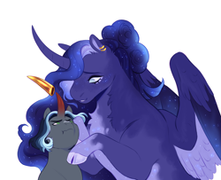 Size: 2152x1748 | Tagged: safe, artist:celeriven, princess luna, oc, oc:cepheus, alicorn, pony, unicorn, g4, cloven hooves, colored horn, curved horn, duo, ear piercing, earring, horn, jewelry, offspring, parent:king sombra, parent:princess luna, parents:lumbra, piercing, simple background, white background