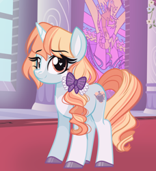 Size: 2612x2866 | Tagged: safe, artist:emberslament, discord, oc, oc only, oc:porcelain teapot, pony, unicorn, blaze (coat marking), bow, canterlot castle, clothes, coat markings, facial markings, female, hair bow, heart, heart eyes, high res, looking at you, maid, mare, socks (coat markings), solo, stained glass, wingding eyes