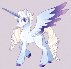 Size: 1428x1402 | Tagged: safe, artist:polymercorgi, oc, oc:north wind, alicorn, pony, alicorn oc, cloven hooves, colored wings, gradient wings, horn, long horn, male, multicolored wings, offspring, parent:feather bangs, parent:princess luna, raised hoof, simple background, slender, solo, stallion, thin, transgender, two toned wings, wings