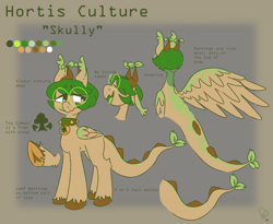 Size: 1774x1454 | Tagged: safe, artist:pagophasia, derpibooru exclusive, oc, oc only, oc:hortis culture, hybrid, pony, bust, collar, ear tufts, eyes closed, floppy ears, frog (hoof), full body, glasses, horns, leaf, looking sideways, nonbinary, open mouth, raised hoof, reference sheet, round glasses, short hair, side view, simple background, smiling, solo, text, tree, turned away, undercut, underhoof, unshorn fetlocks, wings