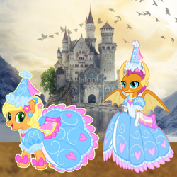 Size: 1080x1080 | Tagged: safe, artist:darlycatmake, applejack, smolder, bird, dragon, earth pony, pony, applejack also dresses in style, beautiful, bow, castle, clothes, cute, dragon wings, dragoness, dress, duo, duo female, ear piercing, fanart, female, flower, flower in hair, froufrou glittery lacy outfit, gloves, happy, hat, hennin, hill, jackabetes, jewelry, long gloves, mountain, necklace, piercing, princess, princess applejack, princess smolder, smiling, smolderbetes, spread wings, wings