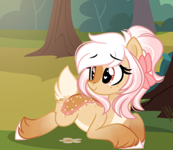 Size: 2903x2516 | Tagged: safe, artist:emberslament, oc, oc only, oc:cinnamon rose, deer, deer pony, original species, bow, butt fluff, cute, female, forest background, hair bow, heart, heart eyes, high res, looking at something, looking back, ocbetes, solo, tail, tail fluff, tree, unshorn fetlocks, wingding eyes