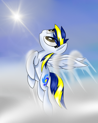 Size: 1691x2121 | Tagged: safe, artist:notadeliciouspotato, oc, oc only, oc:huracata, pegasus, pony, cloud, contrail, female, flying, lens flare, mare, open mouth, solo, spread wings, wings