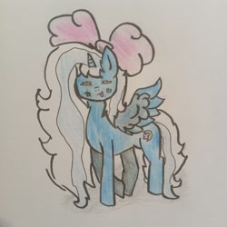 Size: 3120x3120 | Tagged: safe, artist:pxtatofurry, oc, oc only, oc:fleurbelle, alicorn, pony, :p, alicorn oc, blushing, bow, female, hair bow, high res, horn, mare, simple background, solo, tongue out, traditional art, white background, wings