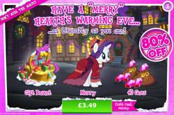 Size: 1959x1298 | Tagged: safe, gameloft, merry, rarity, pony, unicorn, g4, my little pony: magic princess, advertisement, basket, bell, bow, candy, candy cane, clothes, costs real money, dress, english, female, food, gem, hat, horn, introduction card, mobile game, numbers, present, sale, solo, text