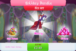 Size: 1268x858 | Tagged: safe, gameloft, merry, rarity, pony, unicorn, g4, my little pony: magic princess, basket, bell, bow, bundle, candy, candy cane, clothes, costs real money, dress, english, female, food, gem, hat, horn, mobile game, numbers, present, sale, solo, text