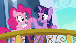 Size: 1280x720 | Tagged: safe, screencap, pinkie pie, twilight sparkle, earth pony, pony, unicorn, g4, the crystal empire, balcony, cute, diapinkes, duo, happy, hoofbump, looking at each other, looking at someone, open mouth, smiling, twiabetes, unicorn twilight