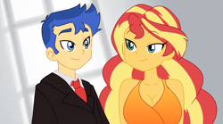 Size: 2437x1357 | Tagged: safe, artist:aokushan, flash sentry, sunset shimmer, human, equestria girls, g4, breasts, busty sunset shimmer, cleavage, clothes, duo, female, looking at each other, looking at someone, male, necktie, ship:flashimmer, shipping, smiling, smiling at each other, straight, suit