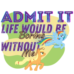 Size: 1280x1280 | Tagged: safe, artist:draconis-de-christus, applejack, rainbow dash, earth pony, pegasus, pony, g4, :p, applejack is not amused, applejack's hat, cowboy hat, duo, female, flying, frown, hat, mare, meme, mlem, redbubble, running, silly, simple background, snark, text, tongue out, transparent background, unamused