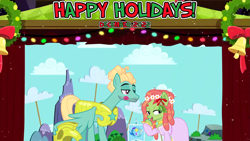 Size: 2063x1160 | Tagged: safe, anonymous artist, artist:cloudy glow, artist:frownfactory, tree hugger, zephyr breeze, earth pony, pegasus, pony, g4, 2022, christmas, clothes, costume, december, female, friendship, happy holidays, hearth's warming, holiday, kiss mark, lipstick, male, mare, mistletoe, performance, play, shipping, stage, stallion, straight, youtube link in the description, zephyrhugger
