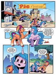 Size: 768x1024 | Tagged: safe, artist:andy price, idw, izzy moonbow, sunny starscout, earth pony, pony, unicorn, g5, spoiler:comic, spoiler:g5comic, spoiler:g5comic08, balloon, boop, flower, food, mane stripe sunny, pie, sign, tree