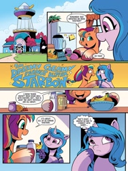 Size: 768x1024 | Tagged: safe, artist:andy price, idw, izzy moonbow, sunny starscout, earth pony, pony, unicorn, g5, spoiler:comic, spoiler:g5comic, spoiler:g5comic08, blender (object), crystal brighthouse, food, fruit, mane stripe sunny, milk, peanut butter, shipping fuel