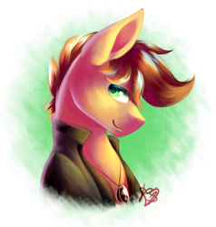 Size: 2300x2420 | Tagged: safe, artist:prettyshinegp, oc, oc only, earth pony, pony, abstract background, bust, clothes, earth pony oc, high res, male, signature, smiling, solo, stallion