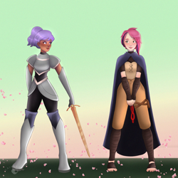 Size: 1500x1500 | Tagged: safe, artist:laianeart, oc, oc only, oc:iris breeze, oc:lilac, human, alternate hairstyle, armor, bandage, barefoot, blushing, boots, cape, clothes, commission, dark skin, dungeons and dragons, duo, fantasy class, feet, flower, freckles, gloves, grass, humanized, humanized oc, knight, looking at each other, looking at someone, mask, oc x oc, pants, pen and paper rpg, ponytail, rpg, shipping, shirt, shoes, sword, weapon