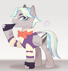 Size: 1280x1347 | Tagged: safe, artist:emperor-anri, oc, oc only, oc:sky cloud, pegasus, pony, g4, blue eyes, bowtie, cheekbone, clothes, coat markings, colored wings, dapple gray, dappled, facial markings, folded wings, frown, gloves, gray background, male, multicolored wings, pegasus oc, raised hoof, sharp cheekbones, simple background, stallion, standing, stripe (coat marking), teeth, vest, wings