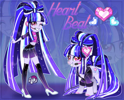 Size: 1280x1035 | Tagged: safe, artist:emperor-anri, oc, oc only, oc:heart beat, oc:heart beat(anri), earth pony, human, pony, equestria girls, g4, bangs, boob window, clothes, colored hooves, earth pony oc, equestria girls oc, ethereal mane, eyelashes, eyeshadow, female, grin, hair physics, headworn microphone, heart shaped boob window, high heels, hoof polish, jewelry, long hair, long mane, long tail, makeup, mare, nail polish, ring, shoes, shorts, smiling, sparkly hair, sparkly mane, sparkly tail, standing, starry mane, stockings, tail, thigh highs, zoom layer