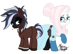 Size: 2732x2048 | Tagged: safe, artist:mistress midnight, artist:mommymidday, oc, oc:mistress, oc:mommy midday, pony, unicorn, belt, cigarette, clothes, dressup, duo, duo female, female, glasses, high res, hoof gloves, horn, lab coat, mask, medic, medic (tf2), show accurate, simple background, spy, spy (tf2), suit, team fortress 2, transparent background, unicorn oc