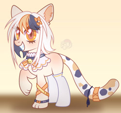 Size: 1280x1194 | Tagged: safe, artist:emperor-anri, oc, oc only, cat, cat pony, original species, g4, bow, cat tail, choker, clothes, collar, colored eyelashes, ear fluff, eye clipping through hair, grin, hair bow, jingle bells, orange eyes, paws, raised paw, slit pupils, smiling, socks, solo, stockings, tail, thigh highs