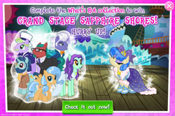 Size: 1953x1296 | Tagged: safe, big bucks, dusty swift, gladmane, penn jillette, sapphire shores, trotsky (character), zen moment, earth pony, pegasus, pony, unicorn, idw, official, advertisement, beard, bow, bowtie, bundle, clothes, dress, english, facial hair, female, gameloft, glasses, hair bow, hat, horn, idw showified, jewelry, las pegasus resident, male, mare, necklace, necktie, pants, scarf, spread wings, stallion, suit, text, top hat, wings