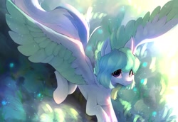 Size: 2048x1412 | Tagged: safe, artist:silver fox, oc, oc only, pegasus, pony, flying, looking at you, solo, sparkles, spread wings, wings