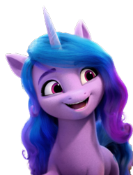 Size: 437x571 | Tagged: safe, budge studios, gameloft, izzy moonbow, pony, unicorn, g5, my little pony world, cute, female, izzybetes, looking to the right, mare, open mouth, open smile, simple background, smiling, solo, transparent background