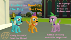 Size: 1192x670 | Tagged: safe, artist:ponygamer2020, artist:ponygamersfm, princess ember, smolder, spike, spike the regular dog, dog, equestria girls, 3d, canterlot high, collar, cute, dog collar, dog tags, dogified, download at source, downloadable, ember the dog, logo, looking at you, puppy, sad, smiling, smiling at you, smolder the dog, smolderbetes, source filmmaker, species swap, spike the dog, tongue out, trio, uncomfortable