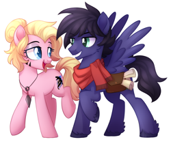 Size: 2076x1728 | Tagged: safe, artist:oddysies, oc, oc only, oc:fenris ebonyglow, oc:kara waypoint, earth pony, pegasus, pony, bag, clothes, fangs, female, jewelry, male, mare, necklace, oc x oc, scarf, shipping, simple background, stallion, white background