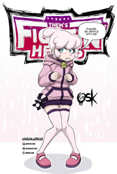 Size: 1347x2000 | Tagged: safe, artist:oldskullkid, pom (tfh), human, lamb, sheep, them's fightin' herds, bell, choker, clothes, community related, female, humanized, jacket, looking at you, please be gentle, puppy, shoes, socks, solo, speech bubble, thigh highs