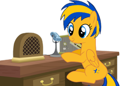 Size: 1280x896 | Tagged: safe, artist:mlpfan3991, oc, oc only, oc:flare spark, pegasus, pony, g4, cabinet, female, female oc, mare, mare oc, microphone, pegasus oc, pony oc, radio, simple background, sitting, solo, stool, transparent background, yellow coat