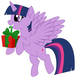 Size: 2850x2892 | Tagged: safe, artist:starshade, artist:twilyisbestpone, twilight sparkle, alicorn, pony, g4, adorkable, base used, cute, dork, female, flying, high res, mare, mouth hold, present, simple background, smiling, solo, spread wings, transparent background, twiabetes, twilight sparkle (alicorn), wings