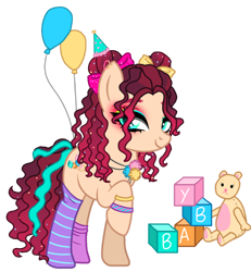 Size: 1024x1110 | Tagged: safe, artist:marihht, oc, oc only, earth pony, pony, balloon, base used, blocks, bracelet, clothes, earth pony oc, eyeshadow, female, jewelry, makeup, mare, offspring, parent:cheese sandwich, parent:pinkie pie, parents:cheesepie, plushie, simple background, socks, solo, striped socks, teddy bear, transparent background