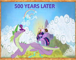 Size: 900x707 | Tagged: safe, artist:leebo4, spike, twilight sparkle, alicorn, dracony, dragon, hybrid, pony, g4, 2012, deviantart watermark, female, future, hilarious in hindsight, interspecies offspring, male, obtrusive watermark, offspring, older, older spike, older twilight, parent:spike, parent:twilight sparkle, parents:twispike, ship:twispike, shipping, straight, twilight sparkle (alicorn), ultimate twilight, watermark