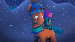 Size: 1280x720 | Tagged: safe, screencap, hitch trailblazer, sparky sparkeroni, dragon, earth pony, pony, g5, my little pony: make your mark, my little pony: make your mark chapter 3, winter wishday, spoiler:g5, spoiler:winter wishday, animated, bells, blizzard, clothes, cold, cute, eyes closed, father and child, father and son, hat, hitchbetes, male, papa hitch, scarf, shivering, snow, snowfall, snuggling, sparkybetes, stallion, storm, winter hat