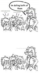 Size: 758x1516 | Tagged: safe, artist:aj2020ahgd, apple bloom, applejack, scootaloo, sweetie belle, earth pony, pegasus, unicorn, anthro, g4, ^^, black and white, coming out, cutie mark crusaders, eyes closed, female, front knot midriff, grayscale, hand on hip, human facial structure, implied appledash, implied lesbian, implied polyamory, implied rarijack, implied shipping, midriff, monochrome, smiling, smugjack, xd
