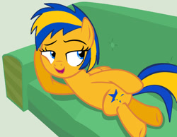 Size: 1280x993 | Tagged: safe, artist:mlpfan3991, oc, oc only, oc:flare spark, pegasus, pony, g4, couch, draw me like one of your french girls, female, female oc, hoof on cheek, mare, mare oc, pegasus oc, pony oc, simple background, solo, yellow coat